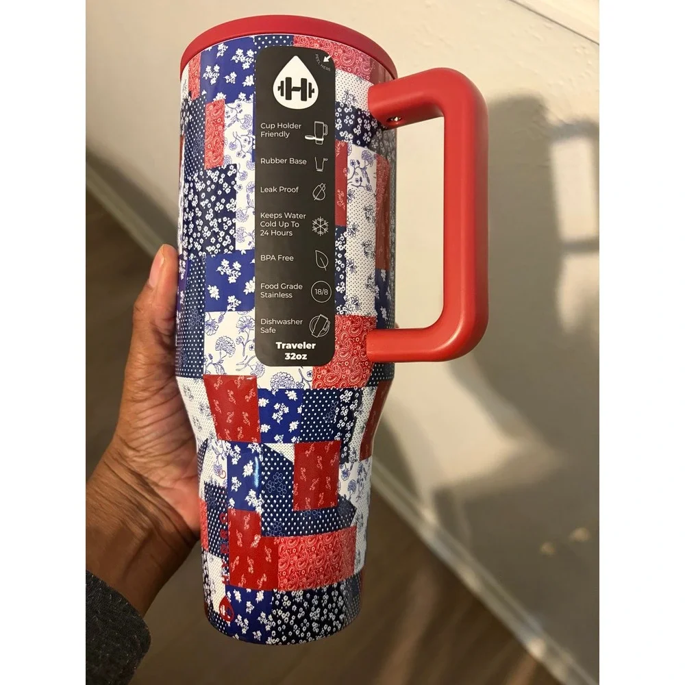 32 oz. Hydro Jug Traveler- Quilted Americana Tumbler Cup Holder - Leak Proof-NIB